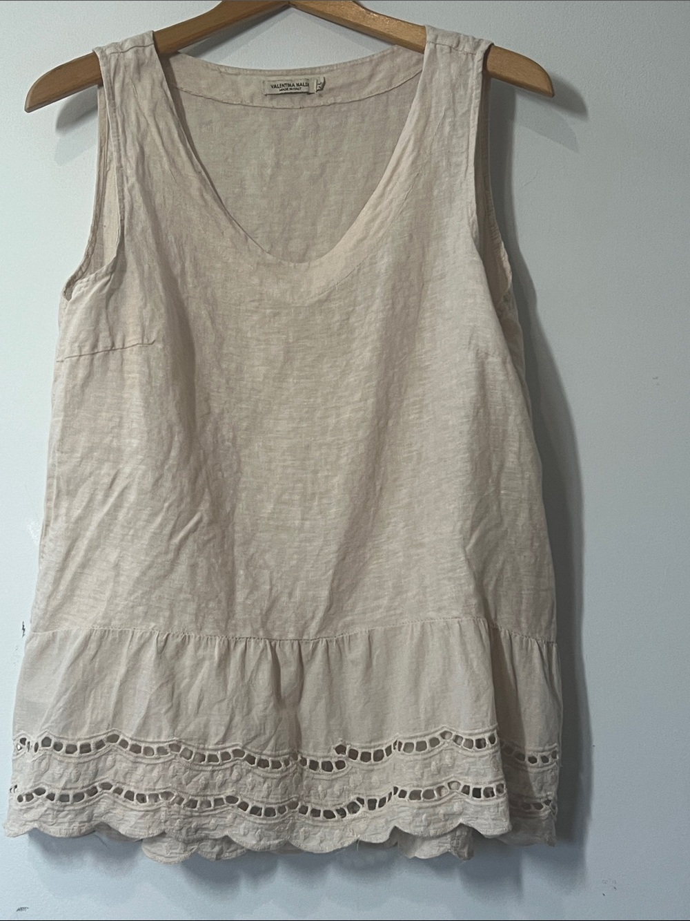 Valentina Naldi Italy Washed Cream Linen Scoop Neck Tank with Eyelet Hem